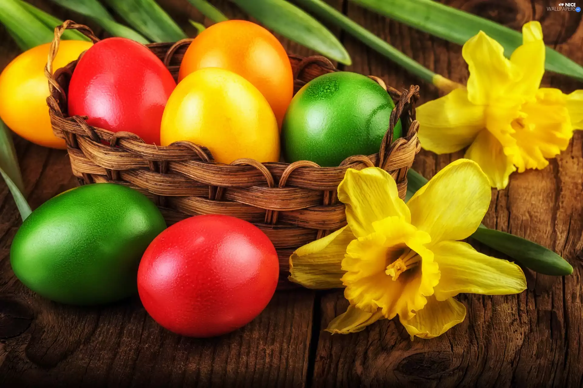Daffodils, Easter, basket, Flowers, eggs