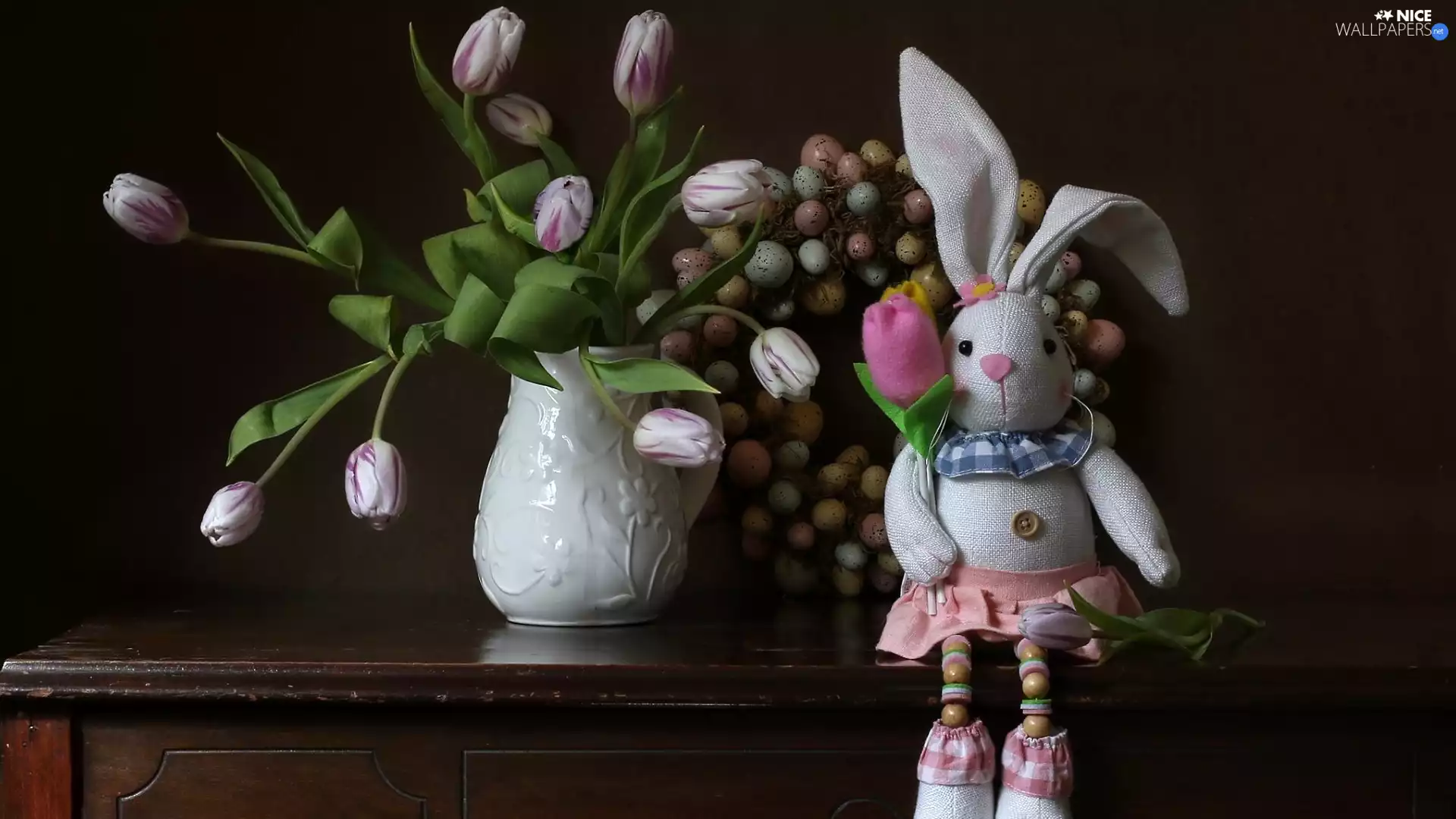 Vase, rabbit, wreath, Easter, commode, Tulips