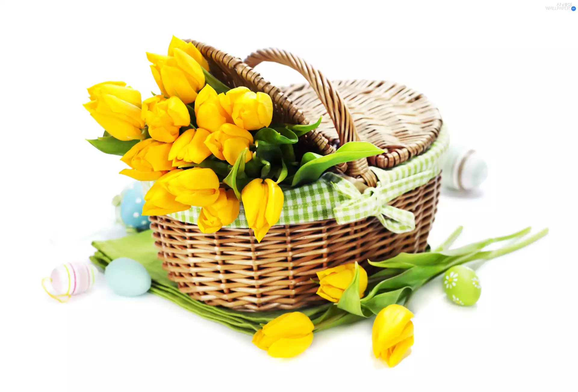 eggs, Easter, Tulips, basket, yellow