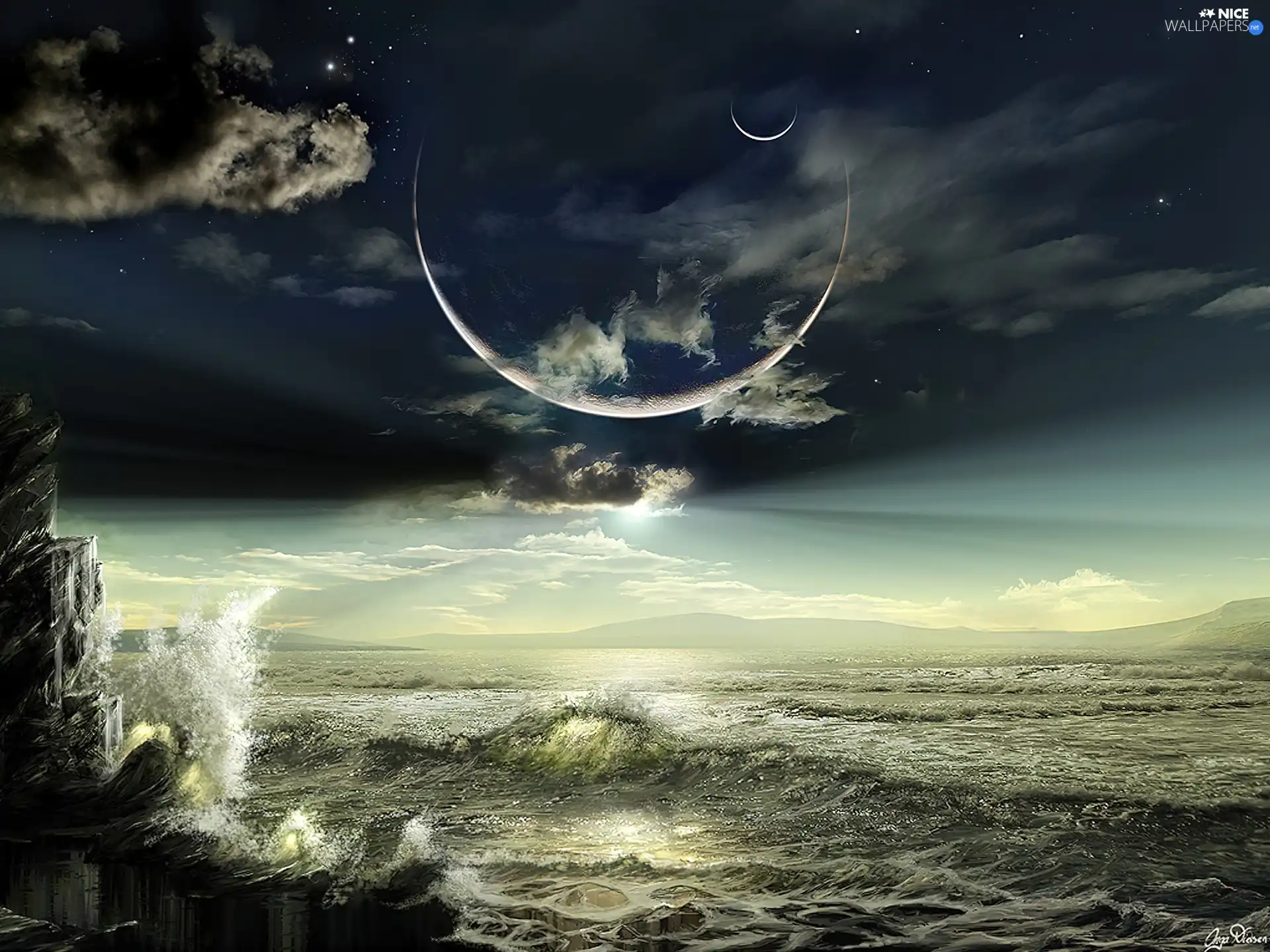 eclipse, Moon, Waves, Night, sea