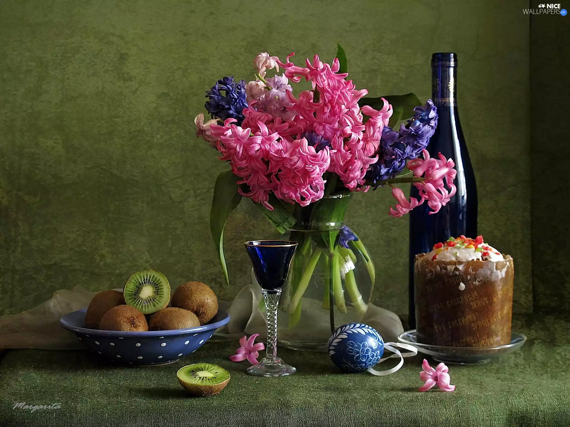 Wine, hyacinths, cake, Red, bouquet, kiwi, Easter egg
