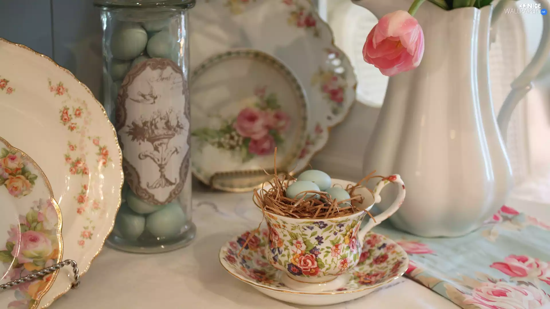 quail, eggs, china, hay, stylish