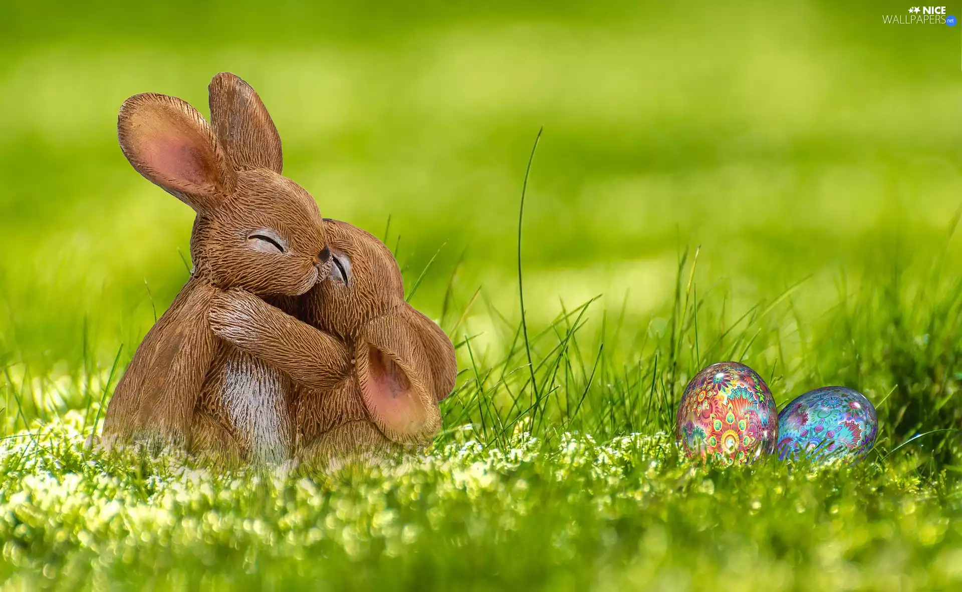 Two cars, grass, color, figure, Easter, rabbits, eggs