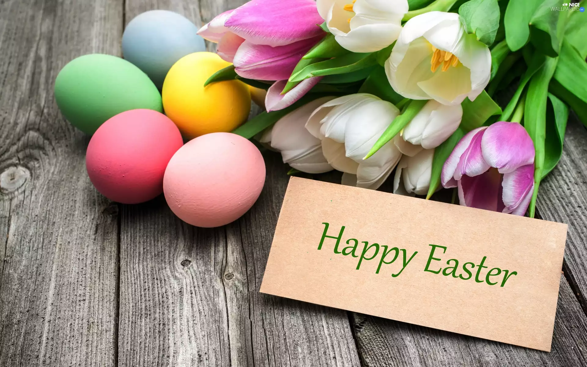 text, Happy Easter, eggs, Easter, Tulips