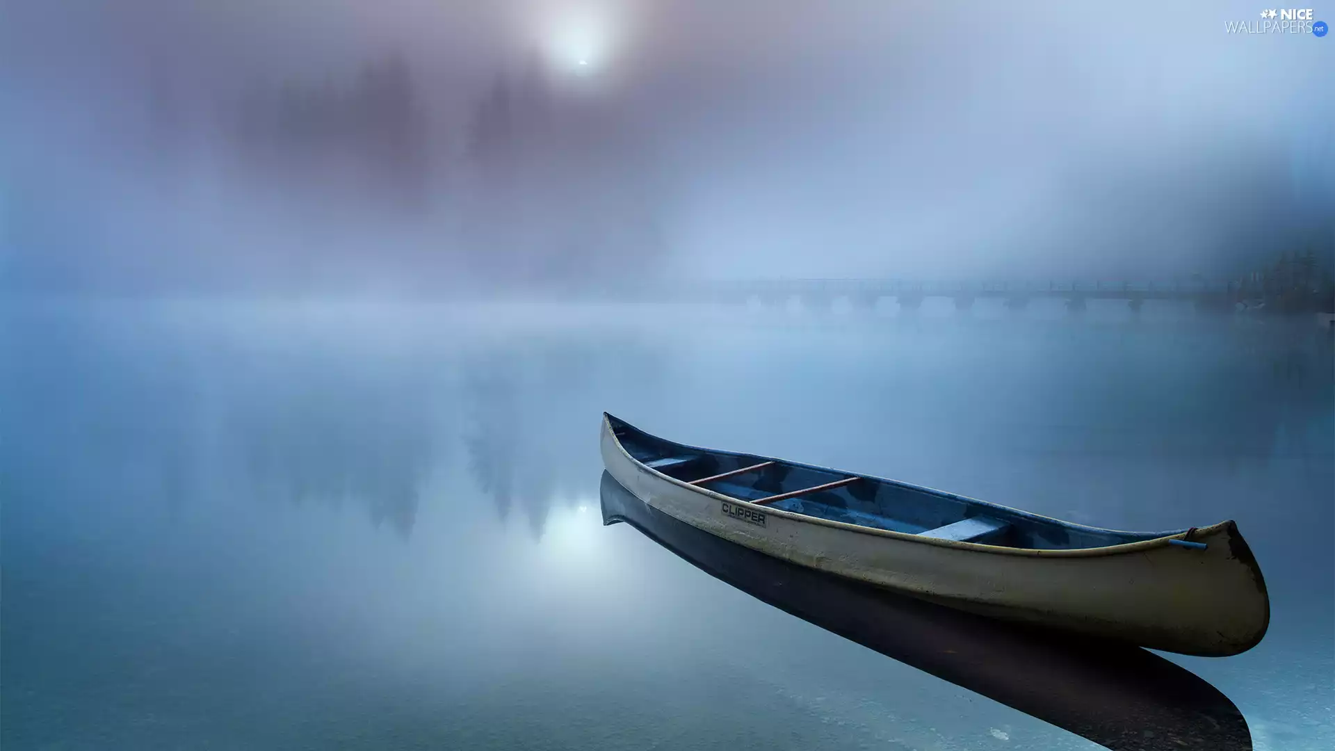 Fog, bridge, Boat, Emerald Lake, Canada