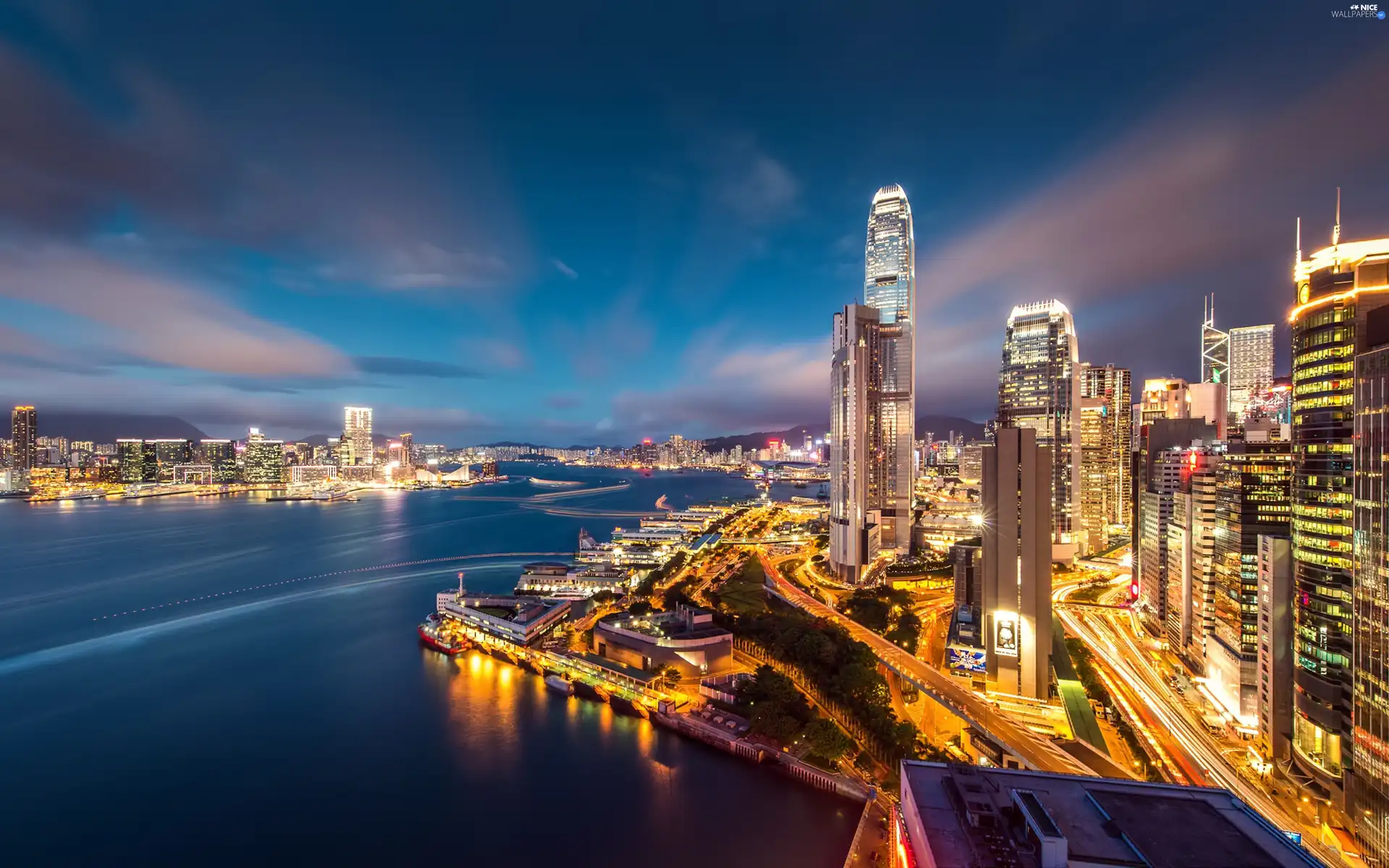 Hong Kong, clouds, evening, skyscrapers