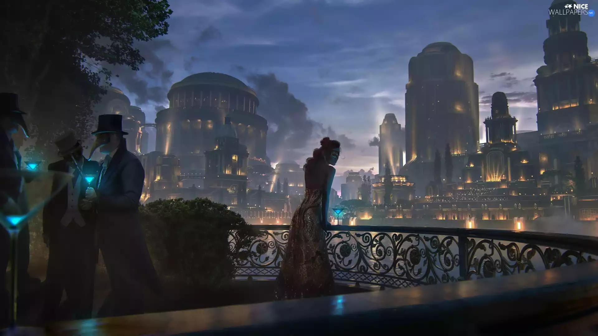 People, Town, Mask, terrace, Digital Art, Women, evening