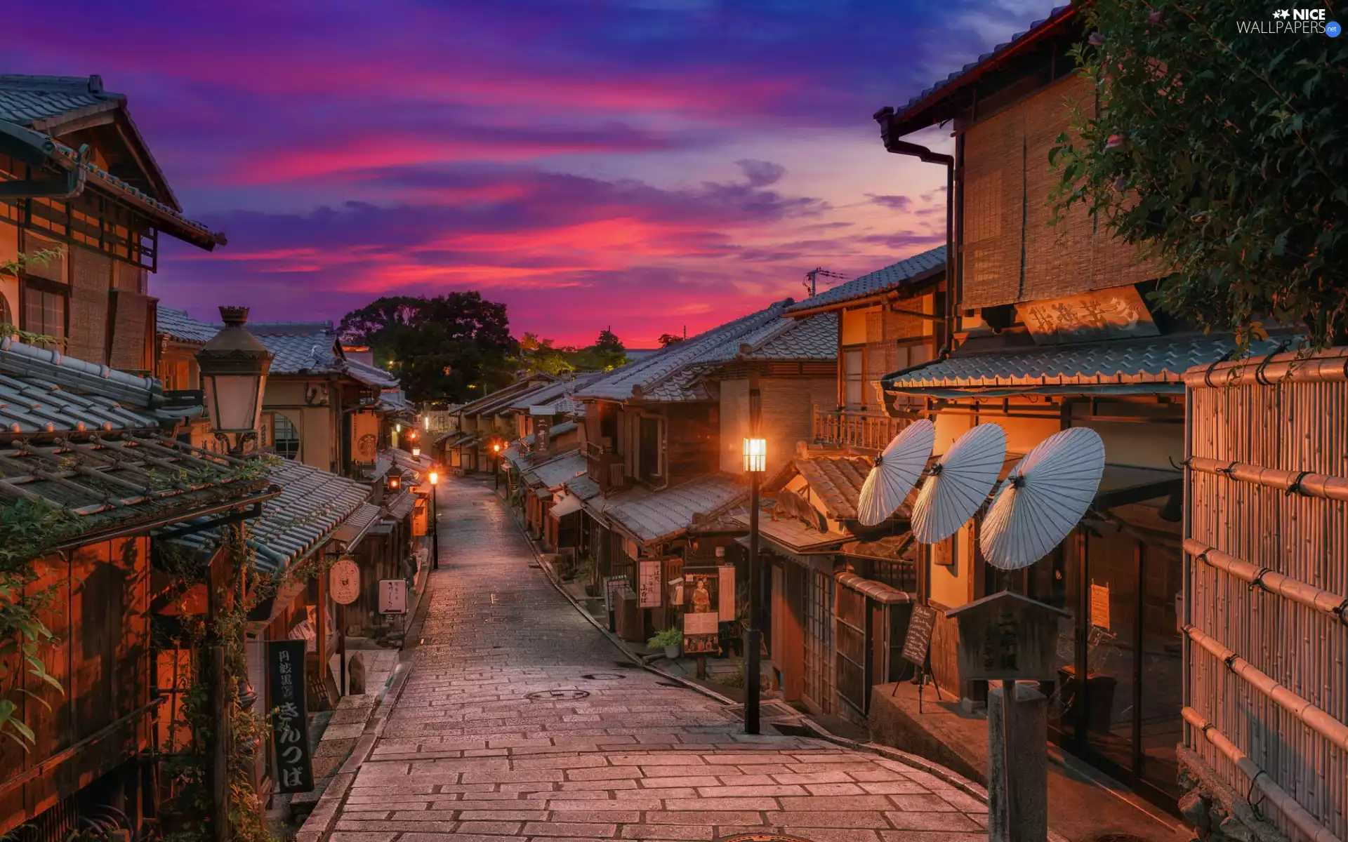 lanterns, evening, Street, Houses, Town