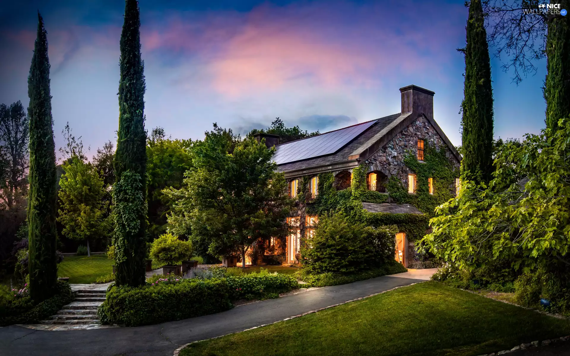 house, trees, Path, evening, Garden, viewes