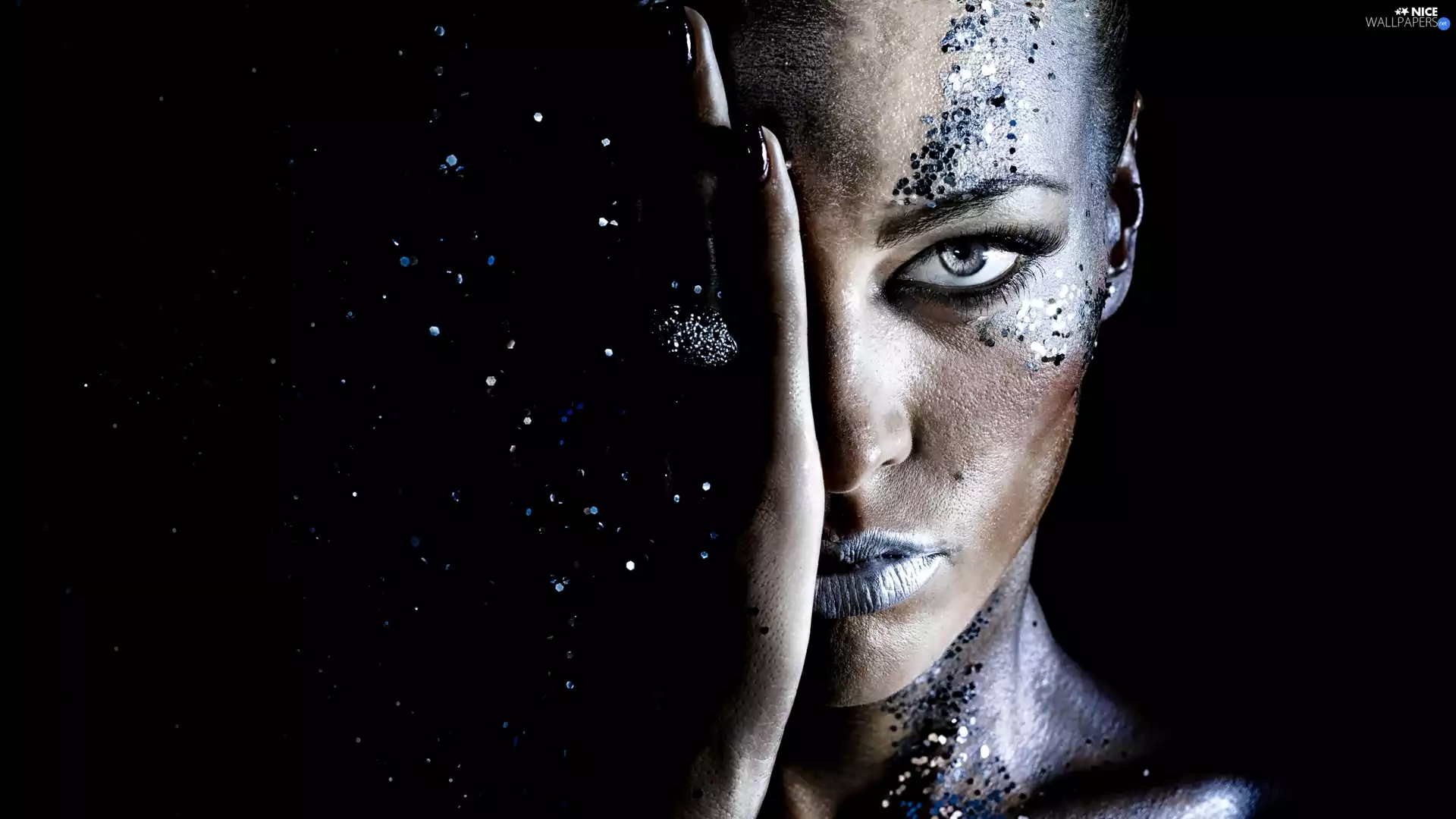 eye, hand, background, make-up, dark, covered, Women, brocade