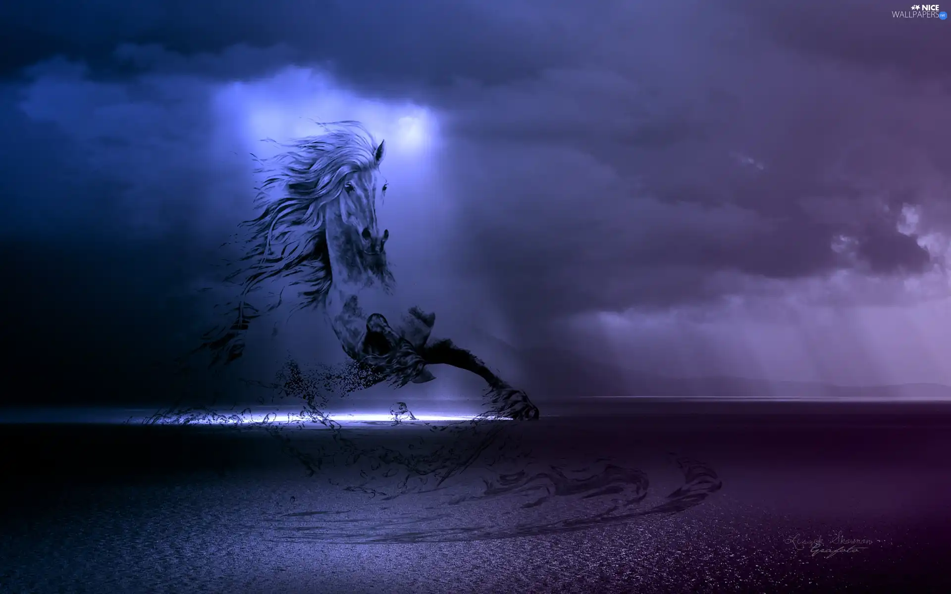 water, mane, glamour, Horse, clouds, Eyes, fantasy