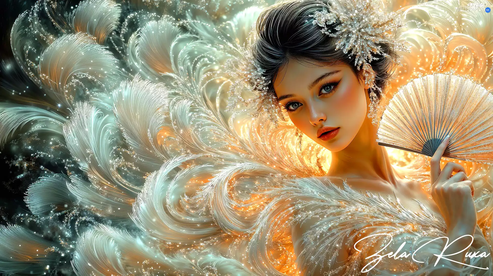 Women, feather, graphics, Fan