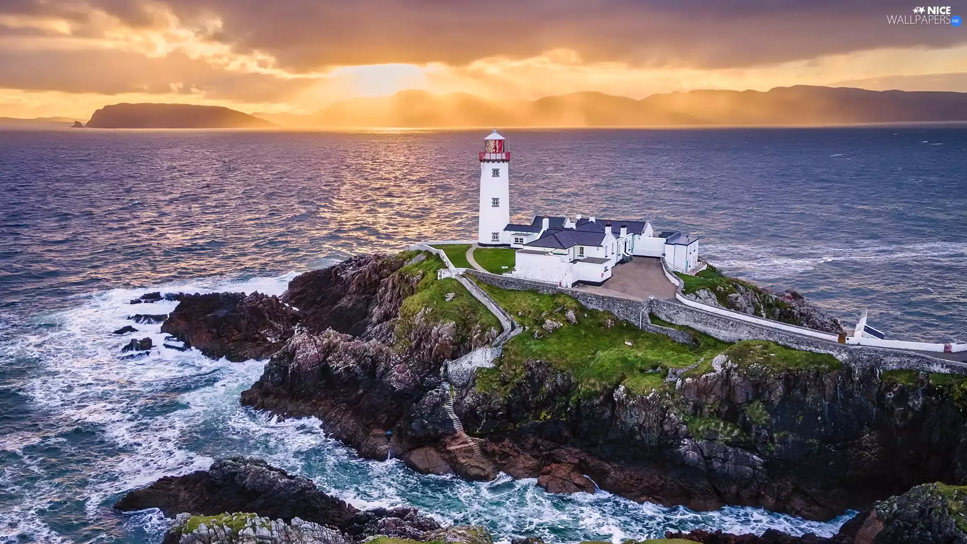 Fanad Head Lighthouse, rocks, Ireland, clouds, Portsalon, Lighthouses, sea, Sunrise