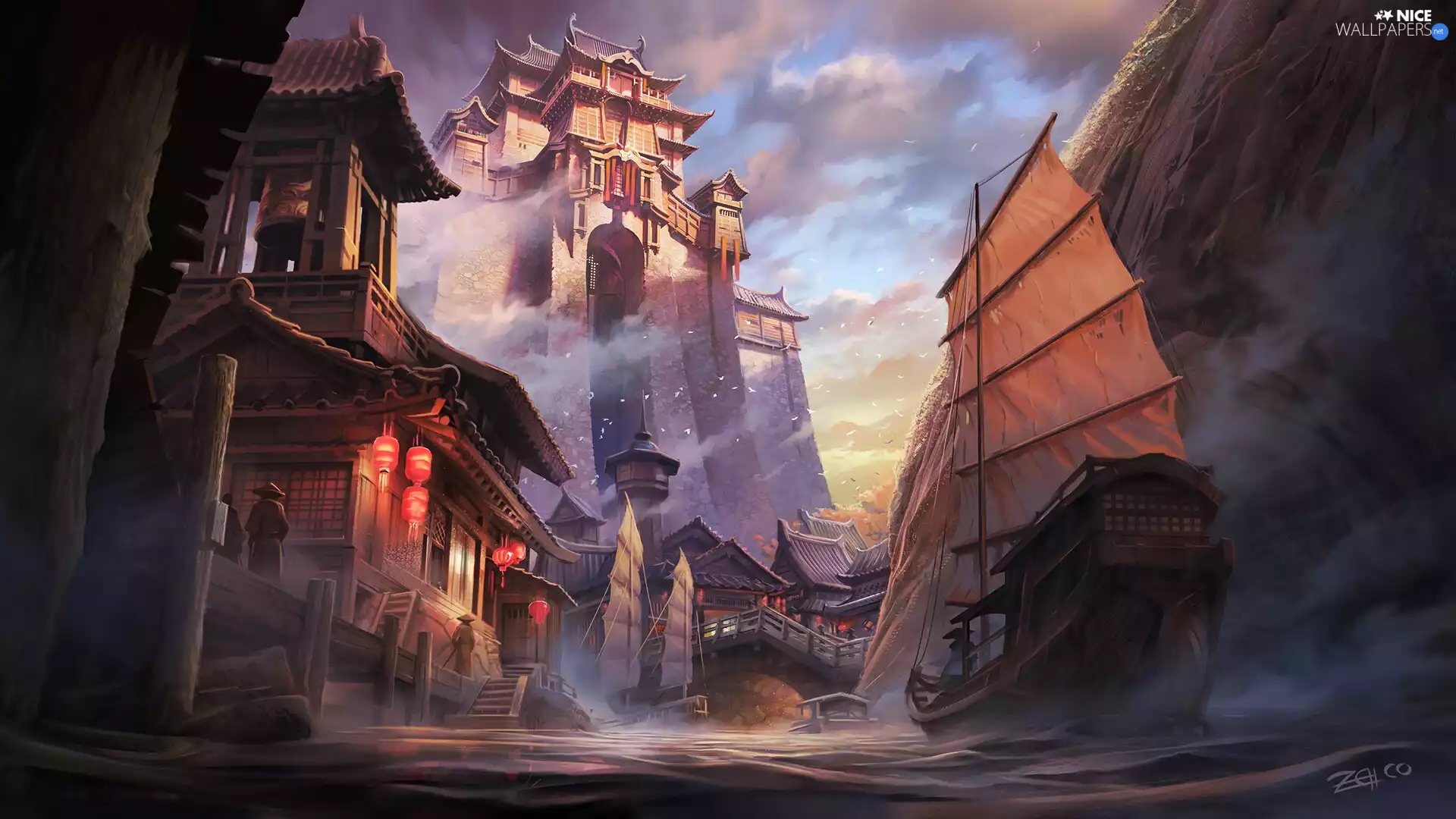 Houses, graphics, Sailboats, fantasy, River, Castle