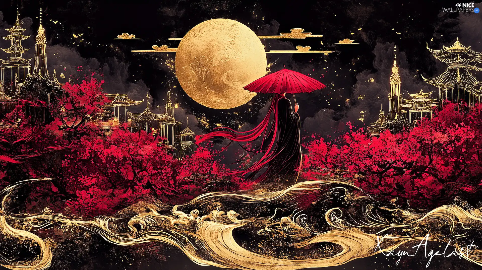 umbrella, Women, moon, fantasy, Flowers, Dress