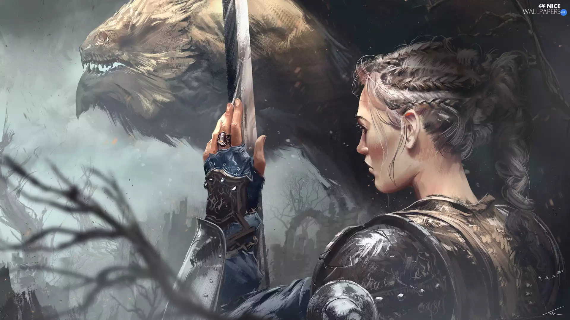 Dragon, fantasy, girl, warrior, graphics