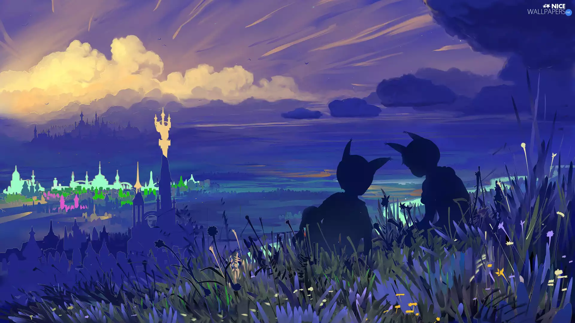 Characters, clouds, devils, fantasy, Kids, grass