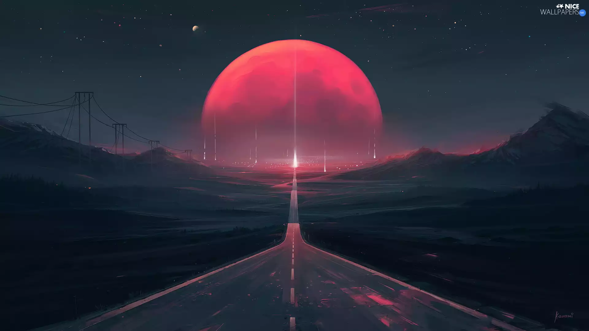 red hot, Mountains, light, Way, graphics, Planet, fantasy