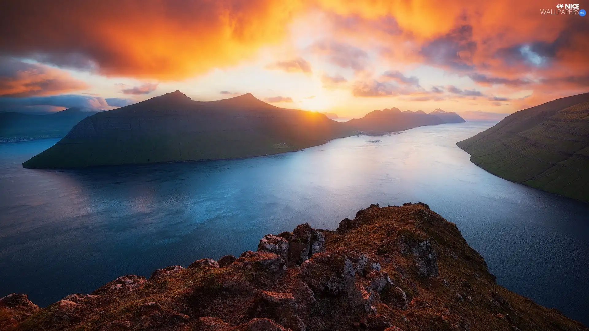 Mountains, Great Sunsets, Faroe Islands, sea, Denmark