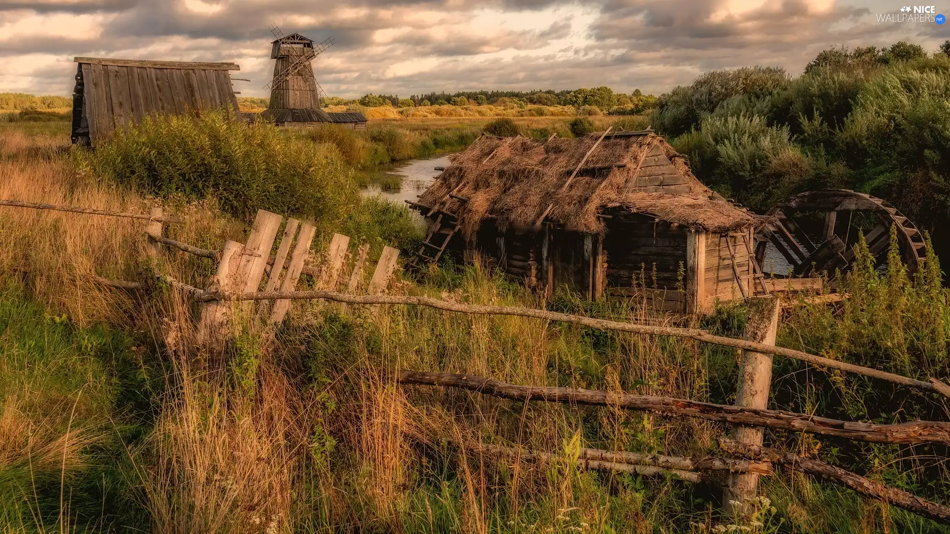 River, Old car, fence, Plants, Windmill, Watermill