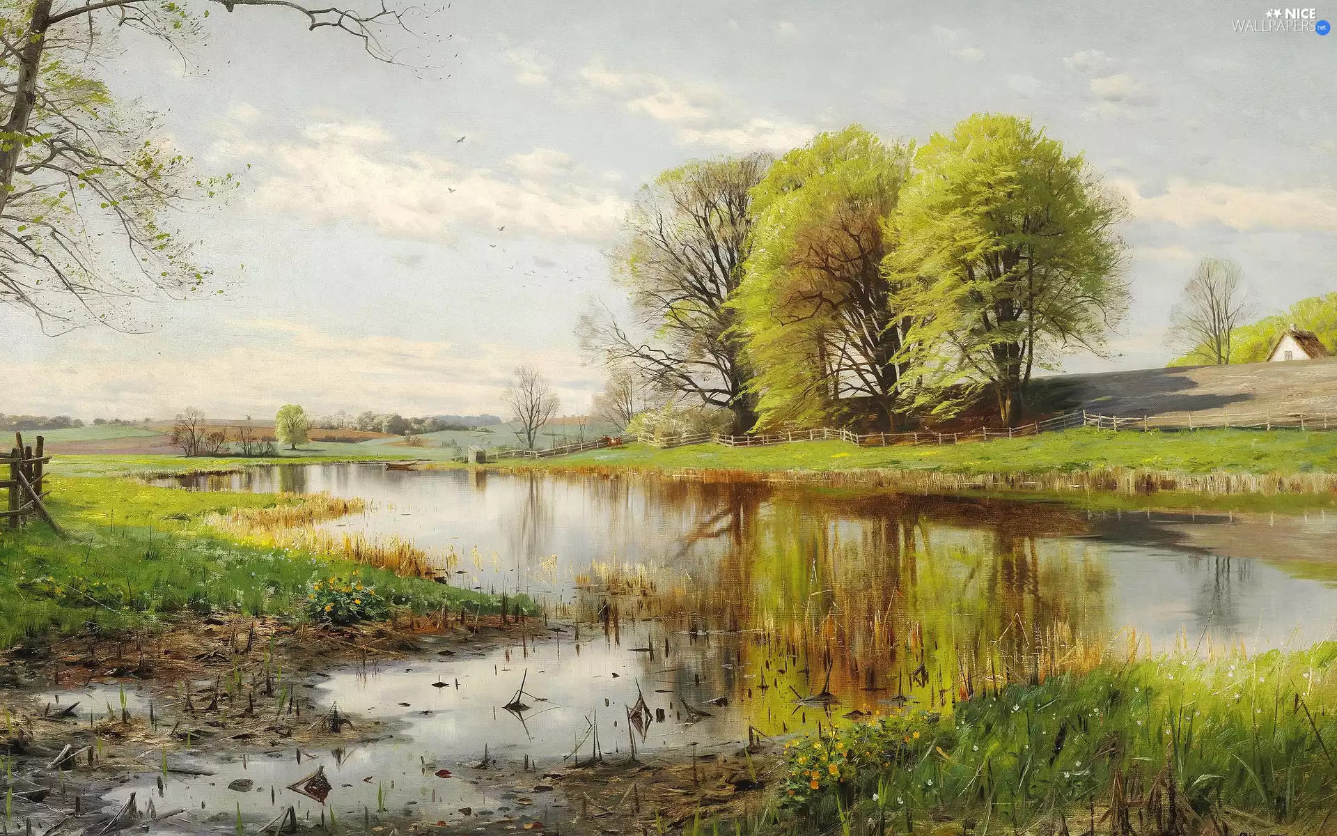 Flowers, country, trees, picture, landscape, Cow, viewes, house, Pond - car, Spring, Peder Mork Monsted, painting, Boat, fence