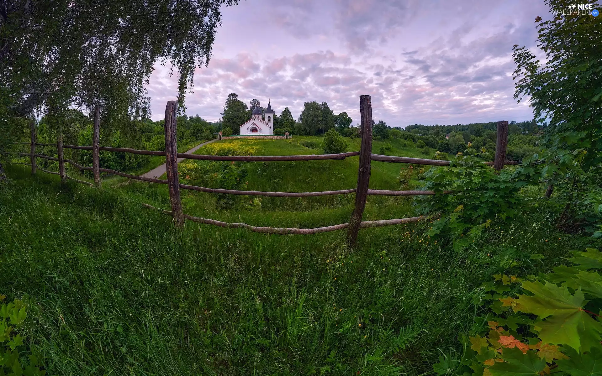 Church, Hill, Way, fence, Meadow, trees, summer