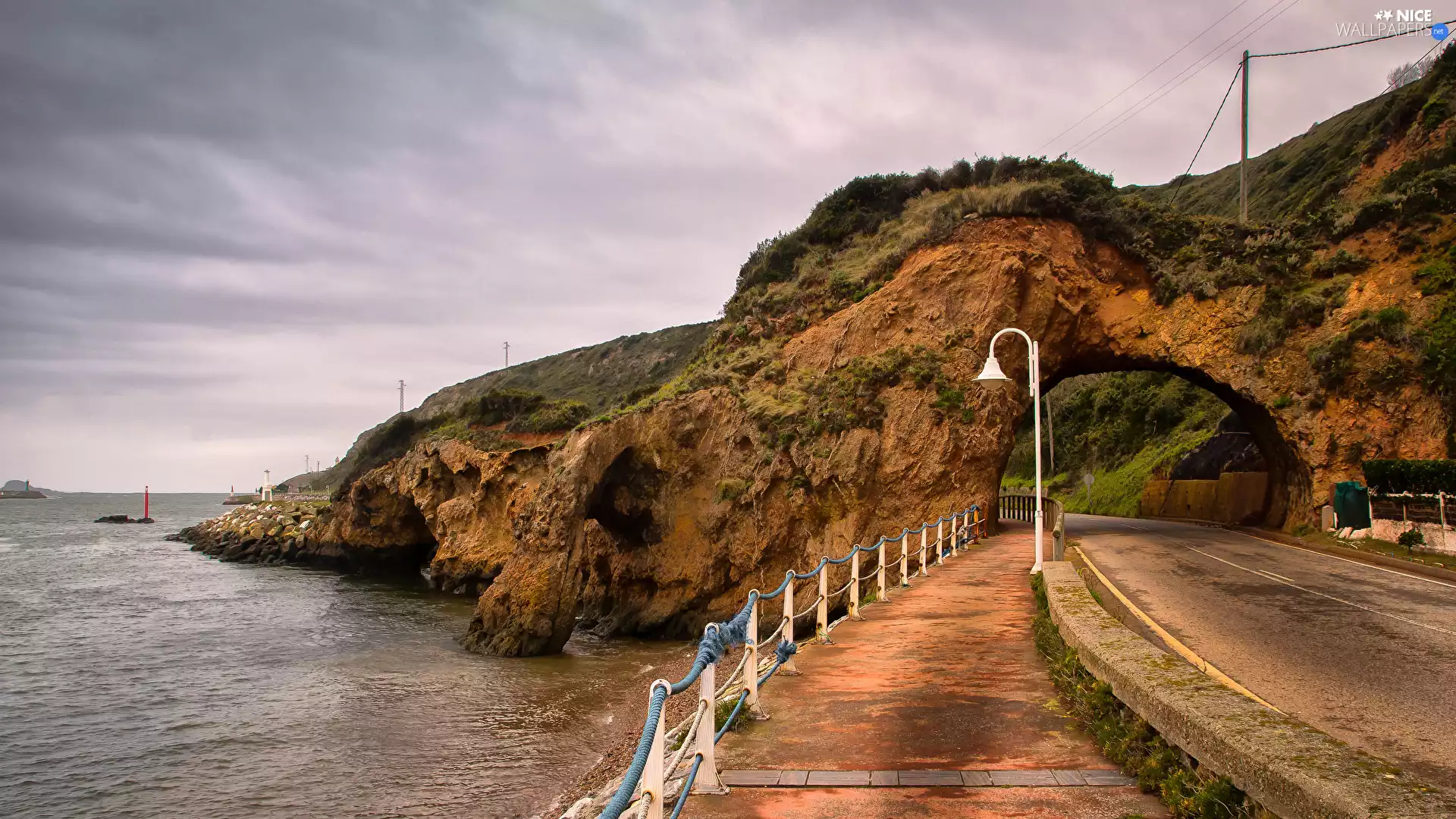 Rocks, fence, Way, Lighthouse, sea