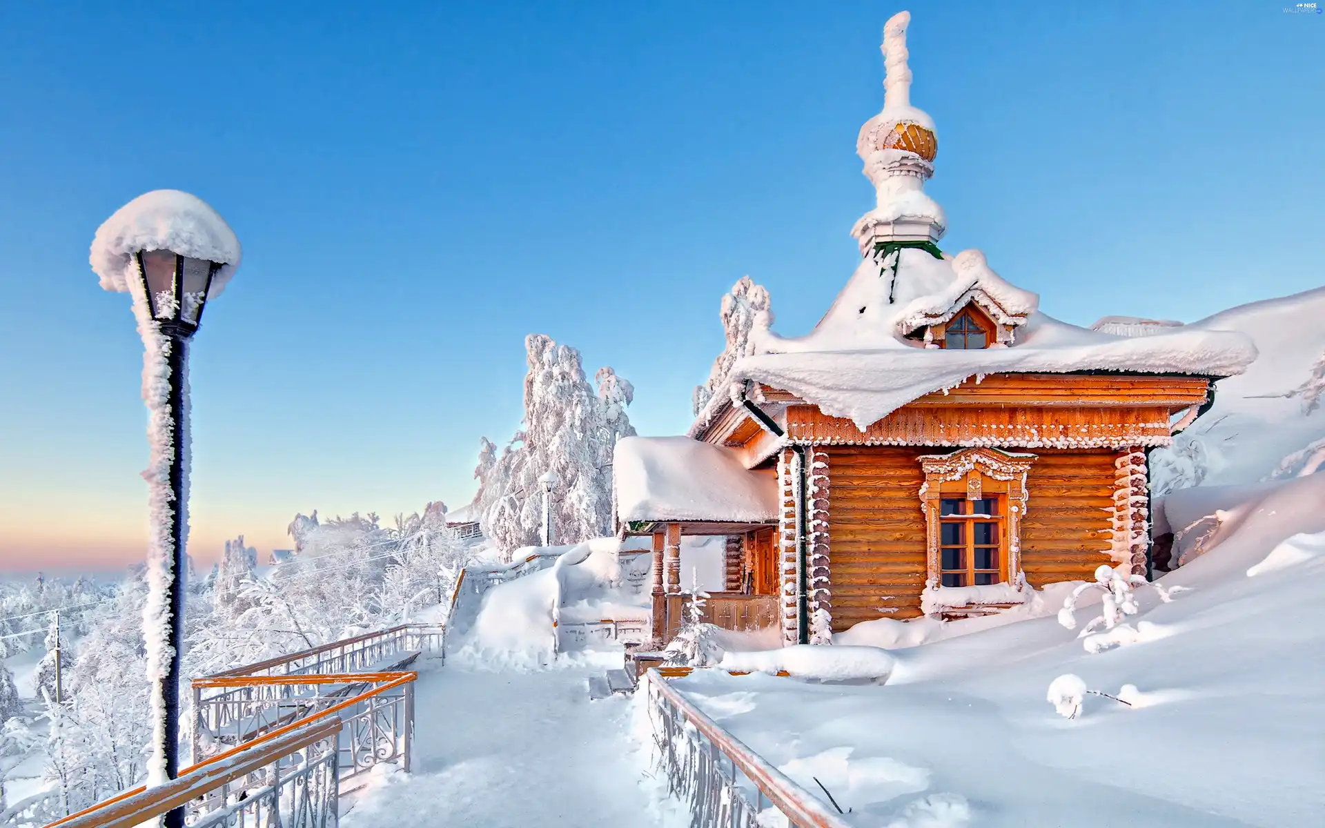 viewes, mountains, Lighthouse, trees, house, fence, winter