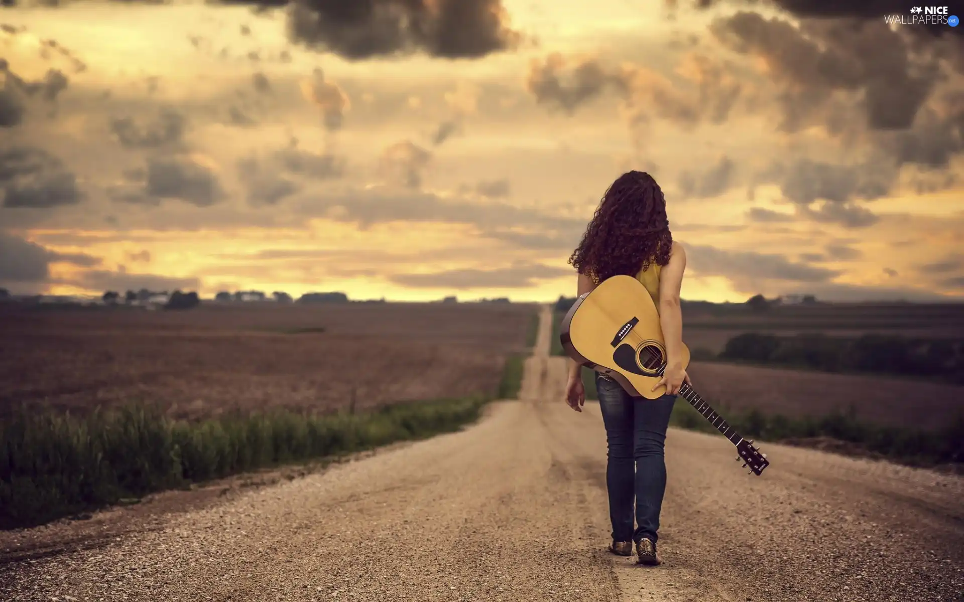 field, clouds, Guitar, Way, girl
