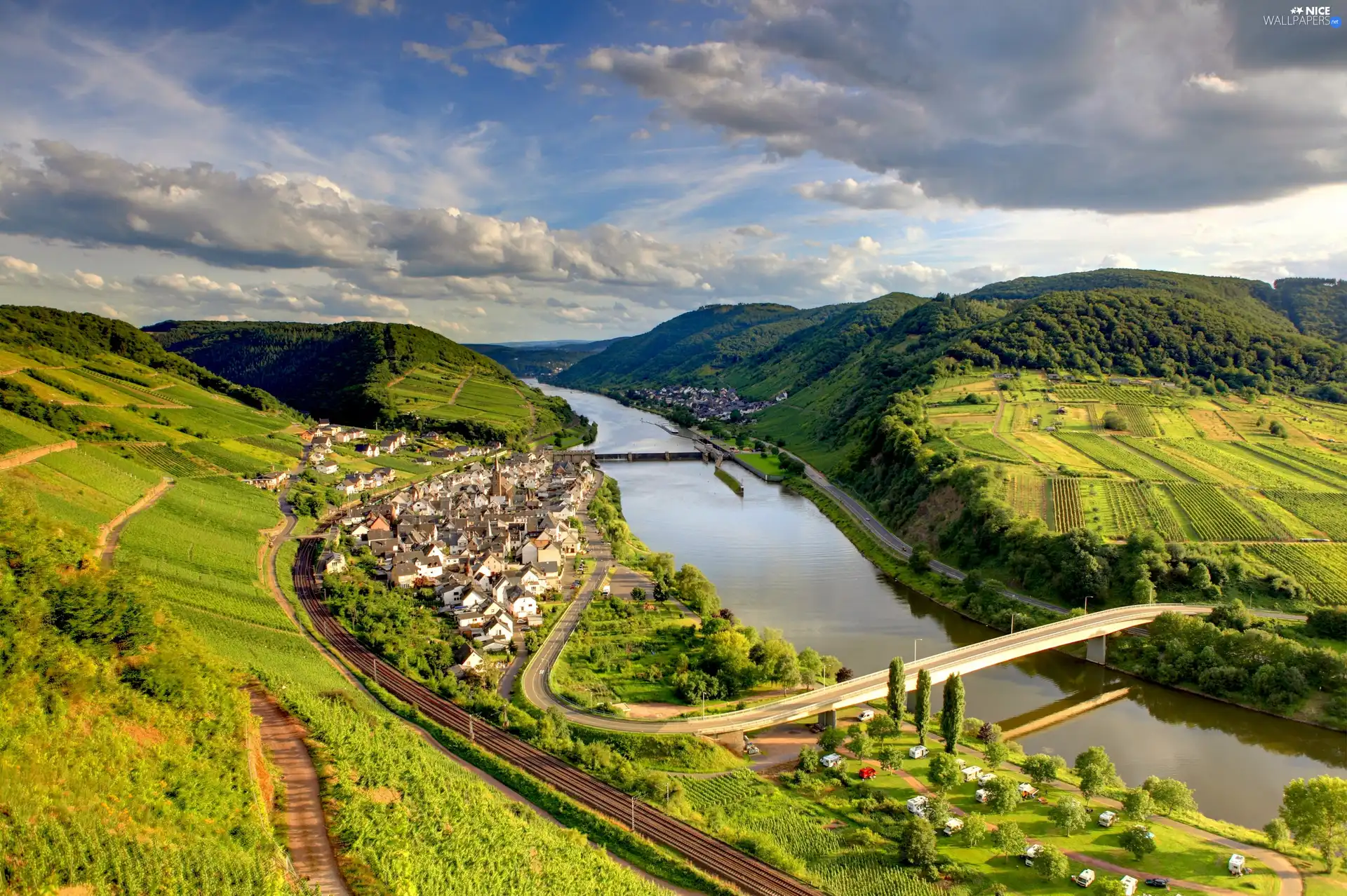 field, clouds, Houses, Bridges, River