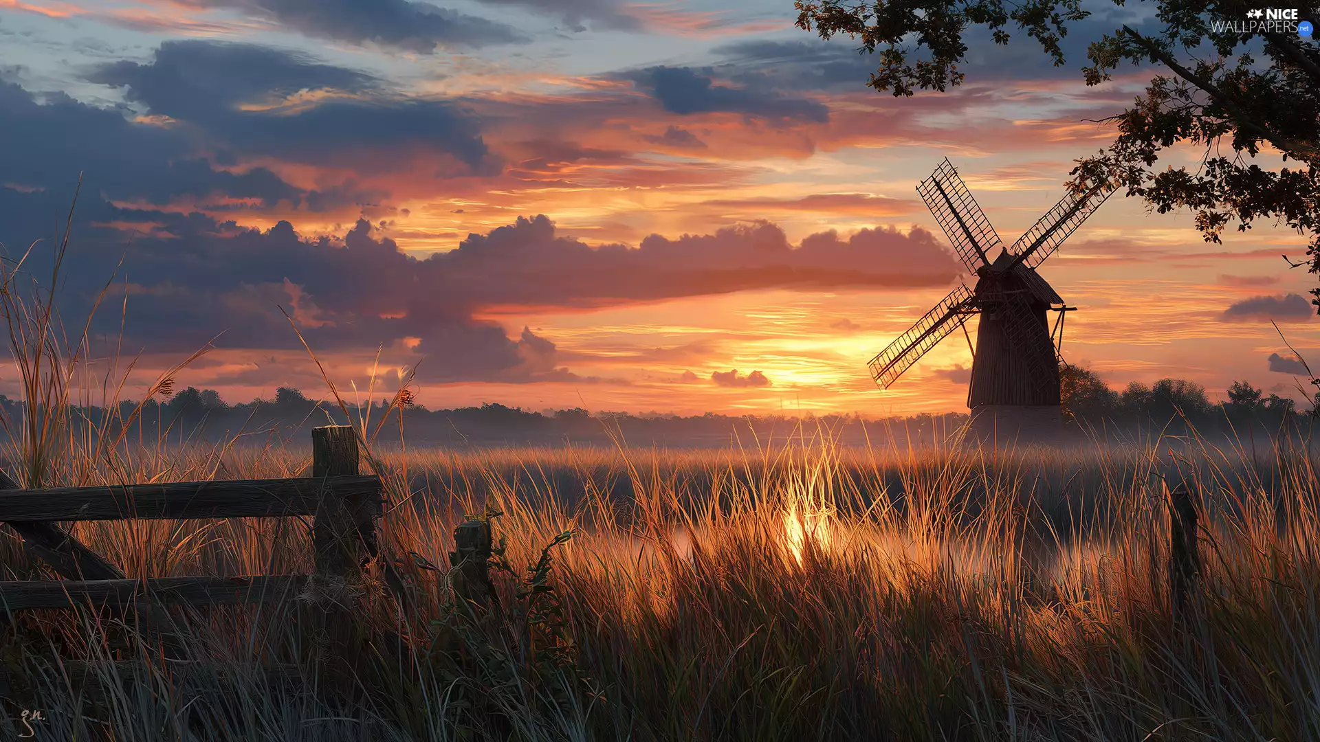 field, Sky, Ai, Great Sunsets, graphics, grass, Fance, Windmill