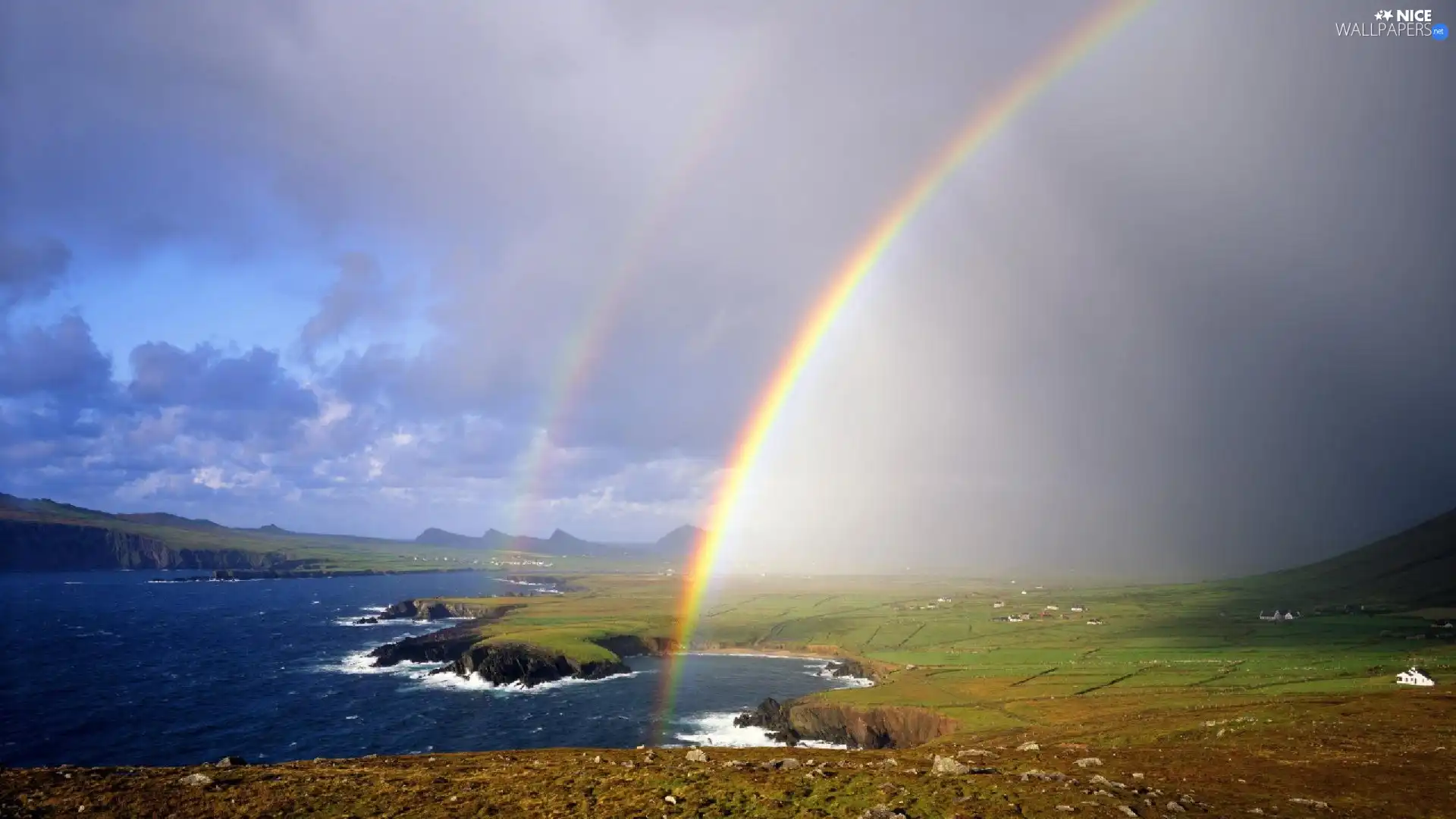 lake, Farms, field, rainbows