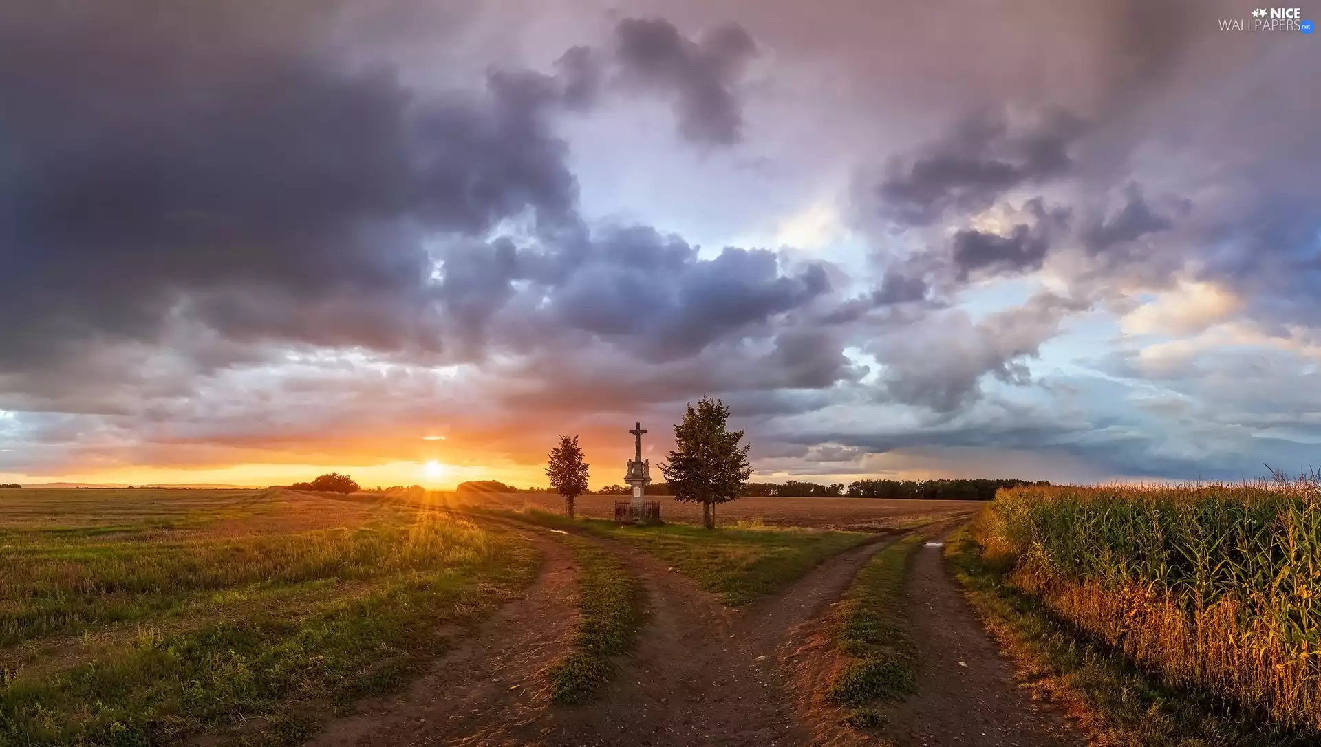 trees, Great Sunsets, clouds, chapel, roads, viewes, Field