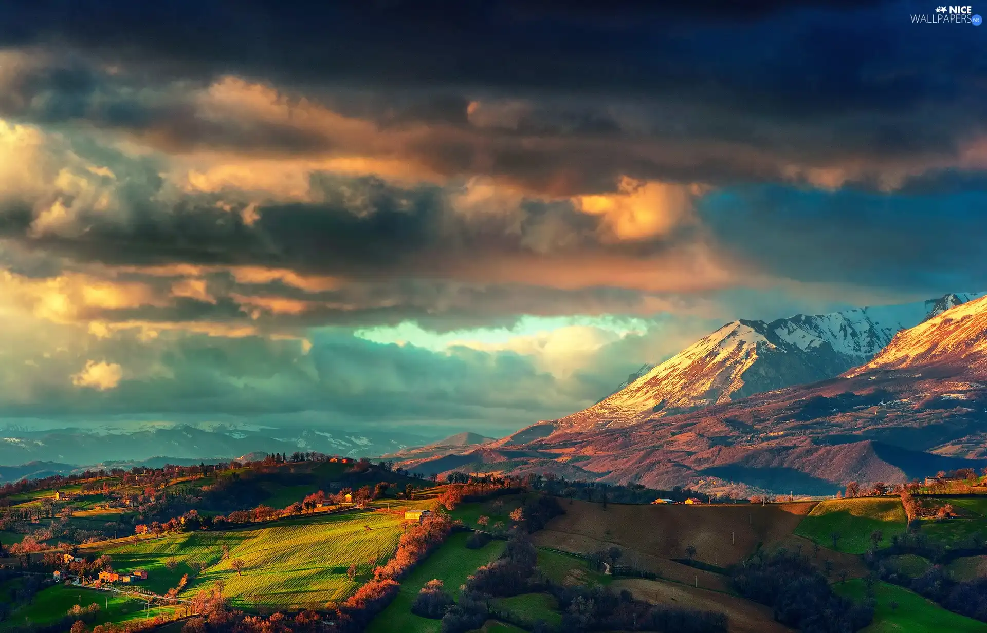 west, Mountains, field, sun