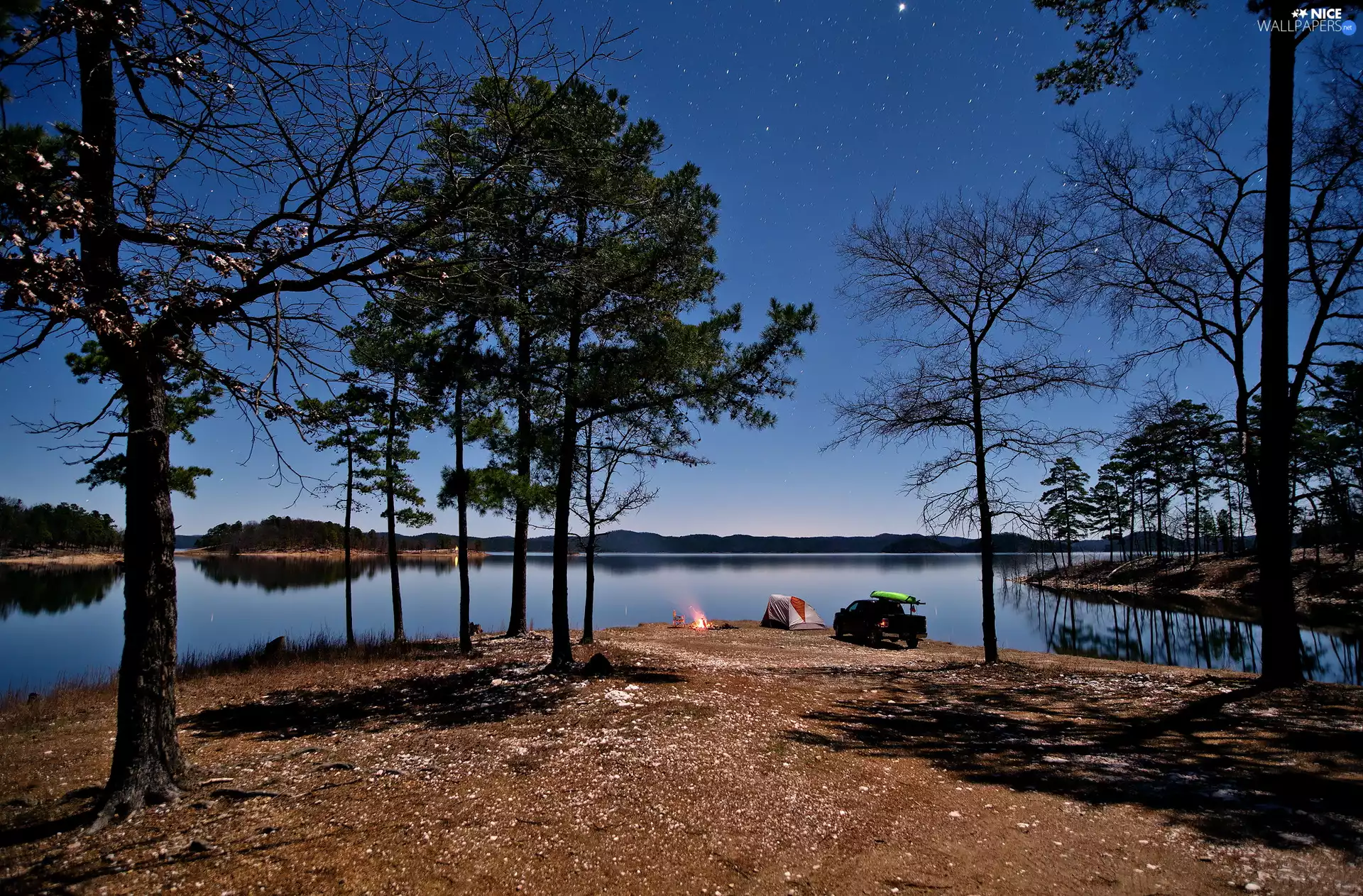 bivouac, fire, trees, viewes, lake