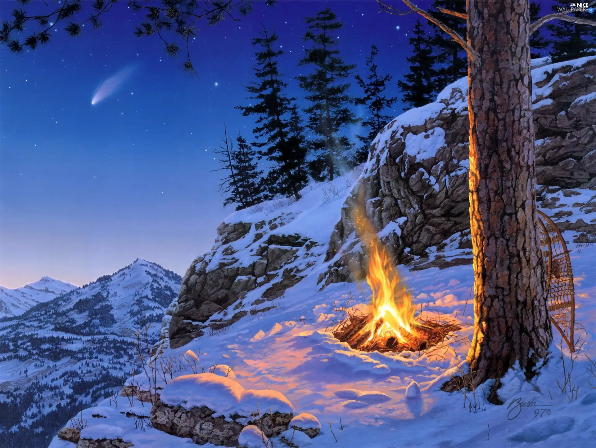 viewes, rocks, fire, winter, snow, trees