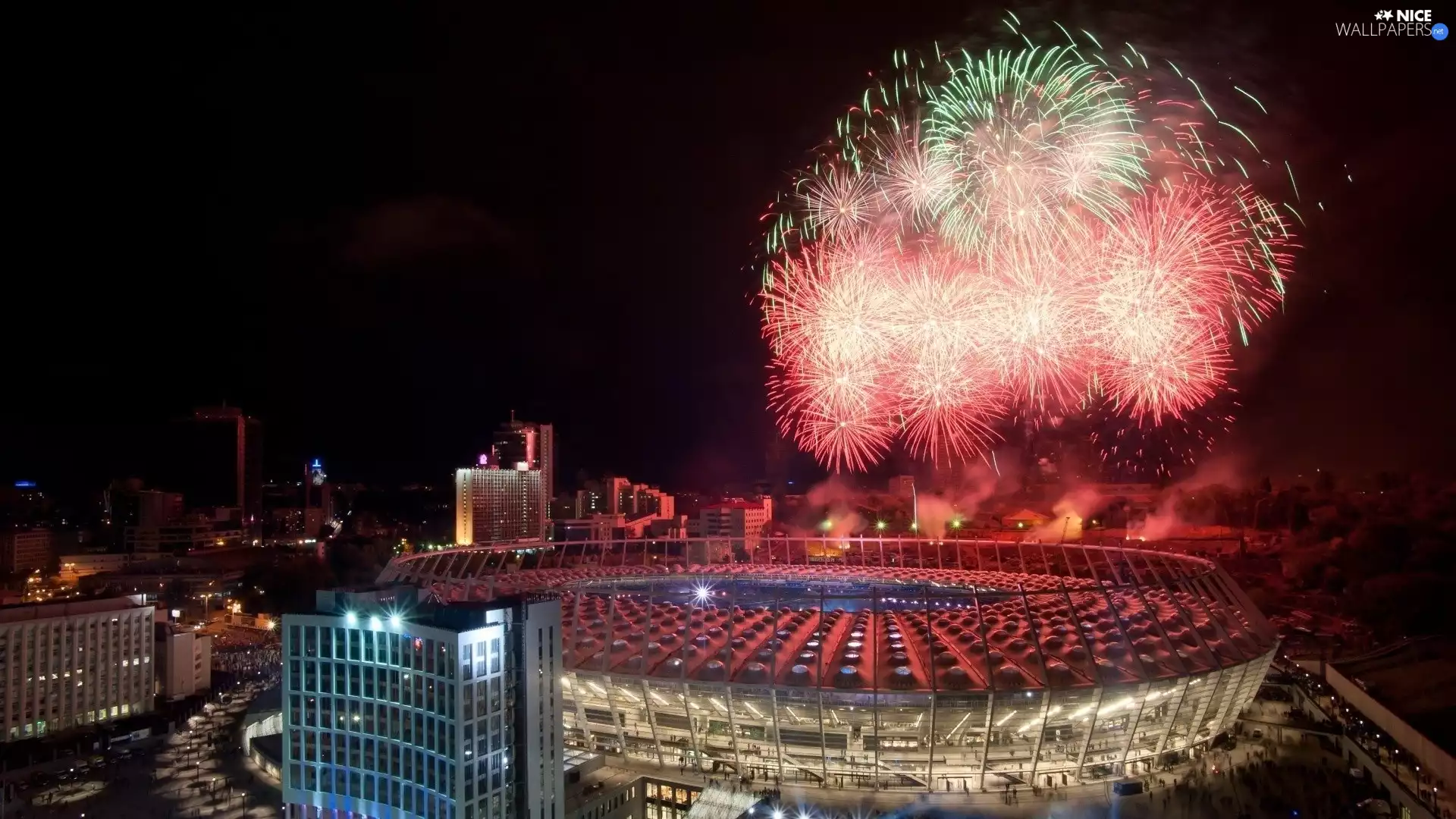 Stadium, Ukraine, Night, fireworks, national, Kiev