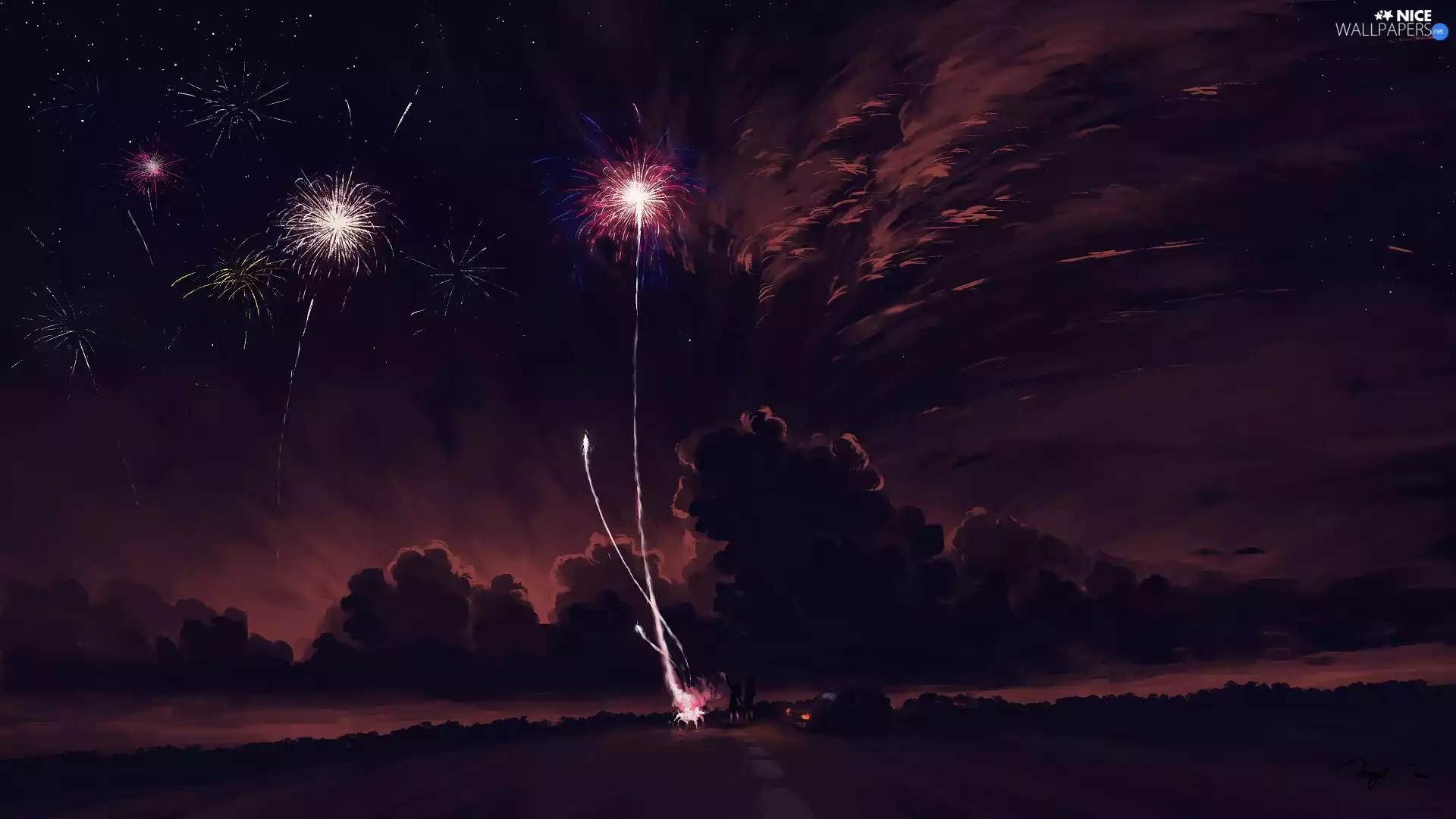 People, fireworks, Night, clouds, graphics