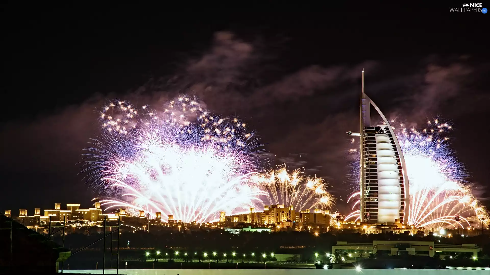 Dubaj, fireworks, Night, Hotel hall