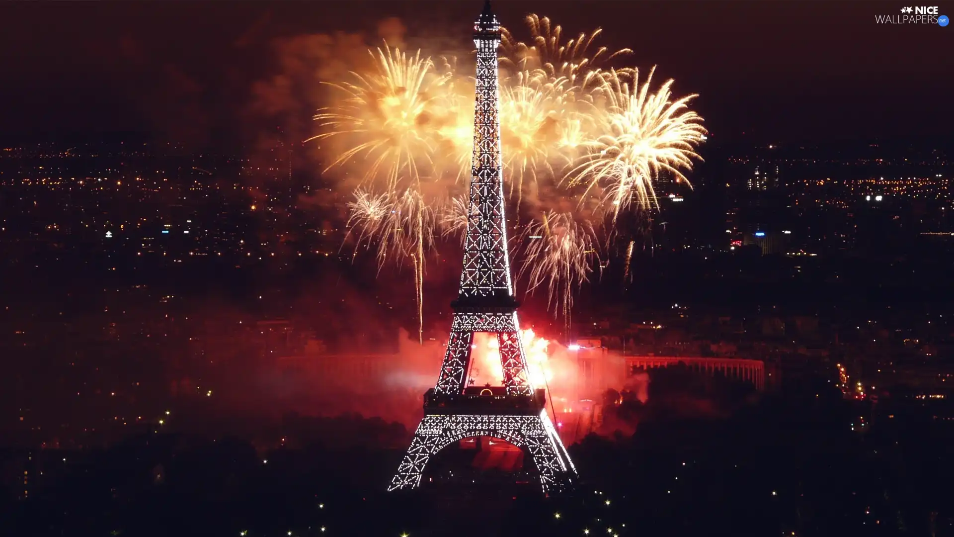 Eiffla Tower, Night, fireworks, Paris