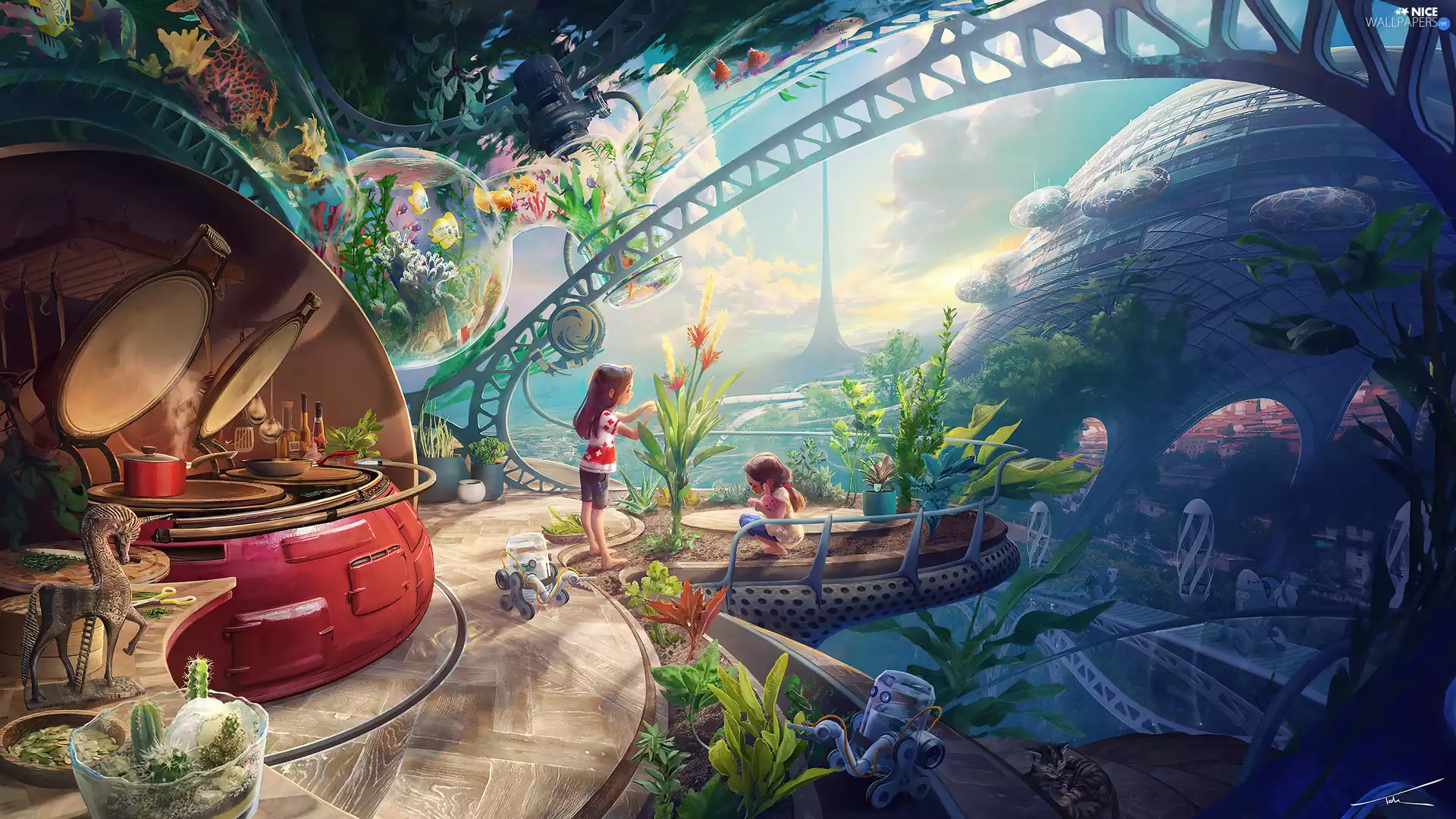 terrace, Plants, structures, works, tower, Kids, fantasy, fish