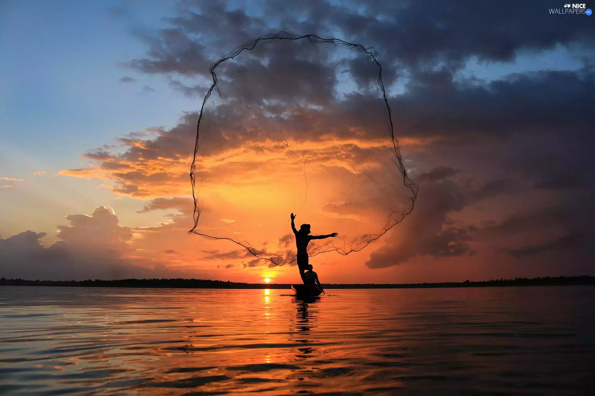 sea, west, clouds, Fishermen, Sky, Sun