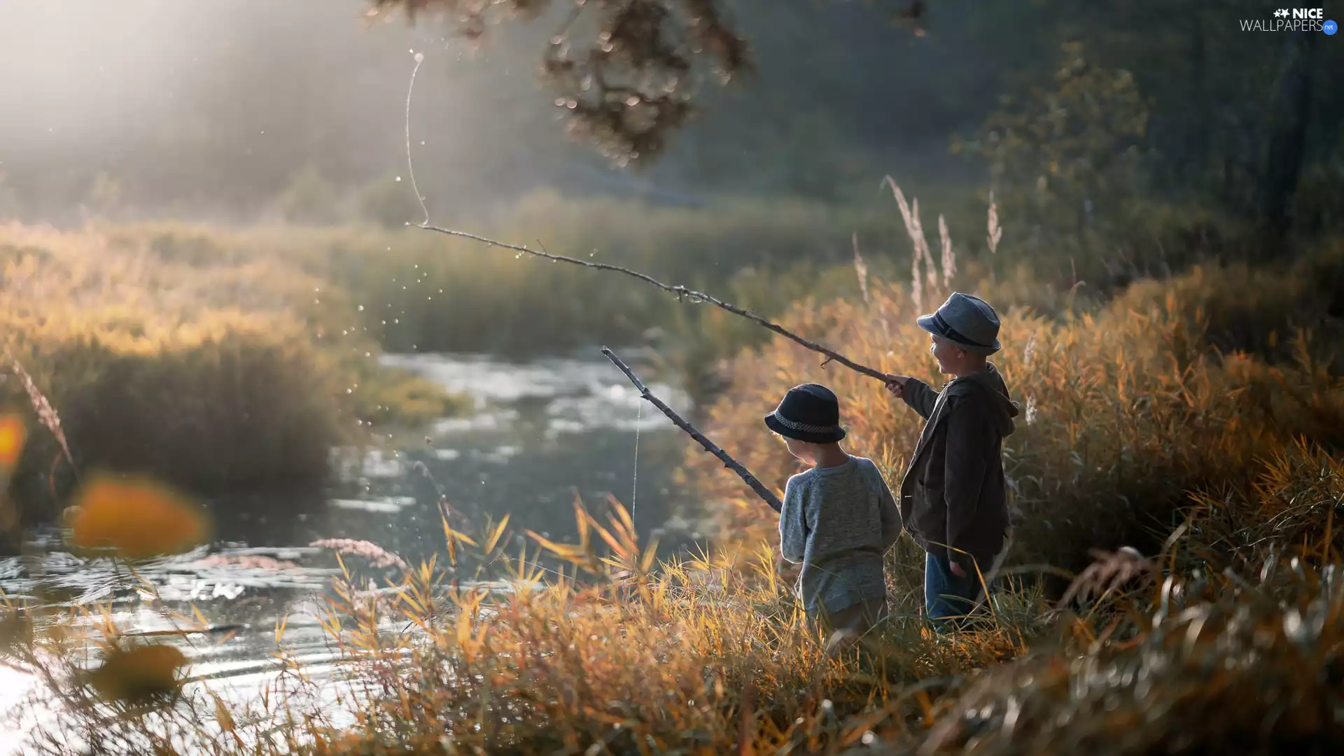 River, grass, boys, fishing-rod, Kids