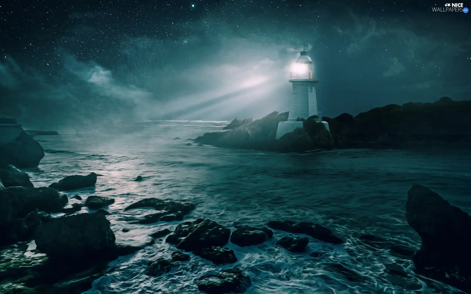 Stones, Night, rocks, sun, ligh, Lighthouses, luminosity, sea, graphics, flash, star, Waves