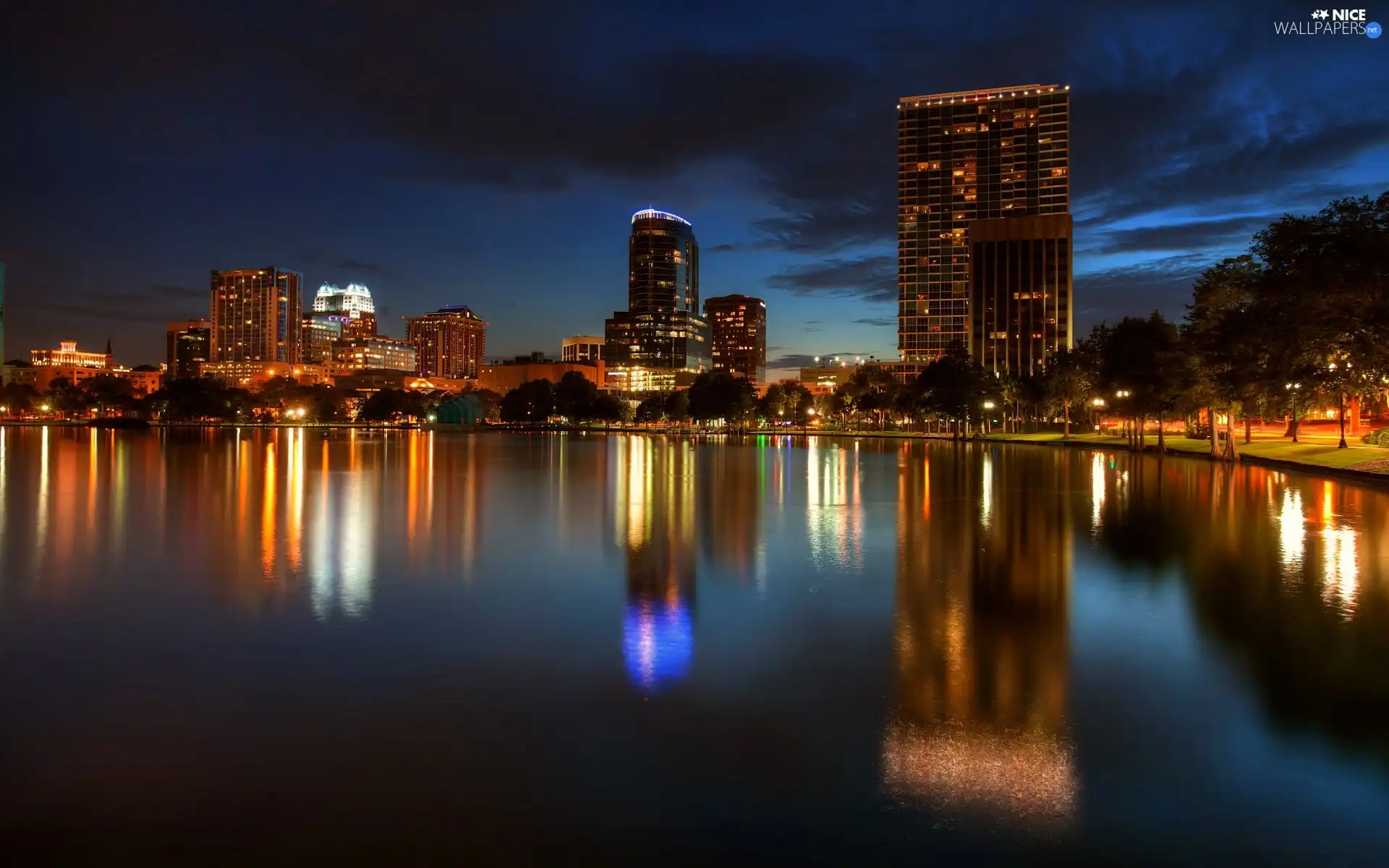 lake, Night, Floryda, Town