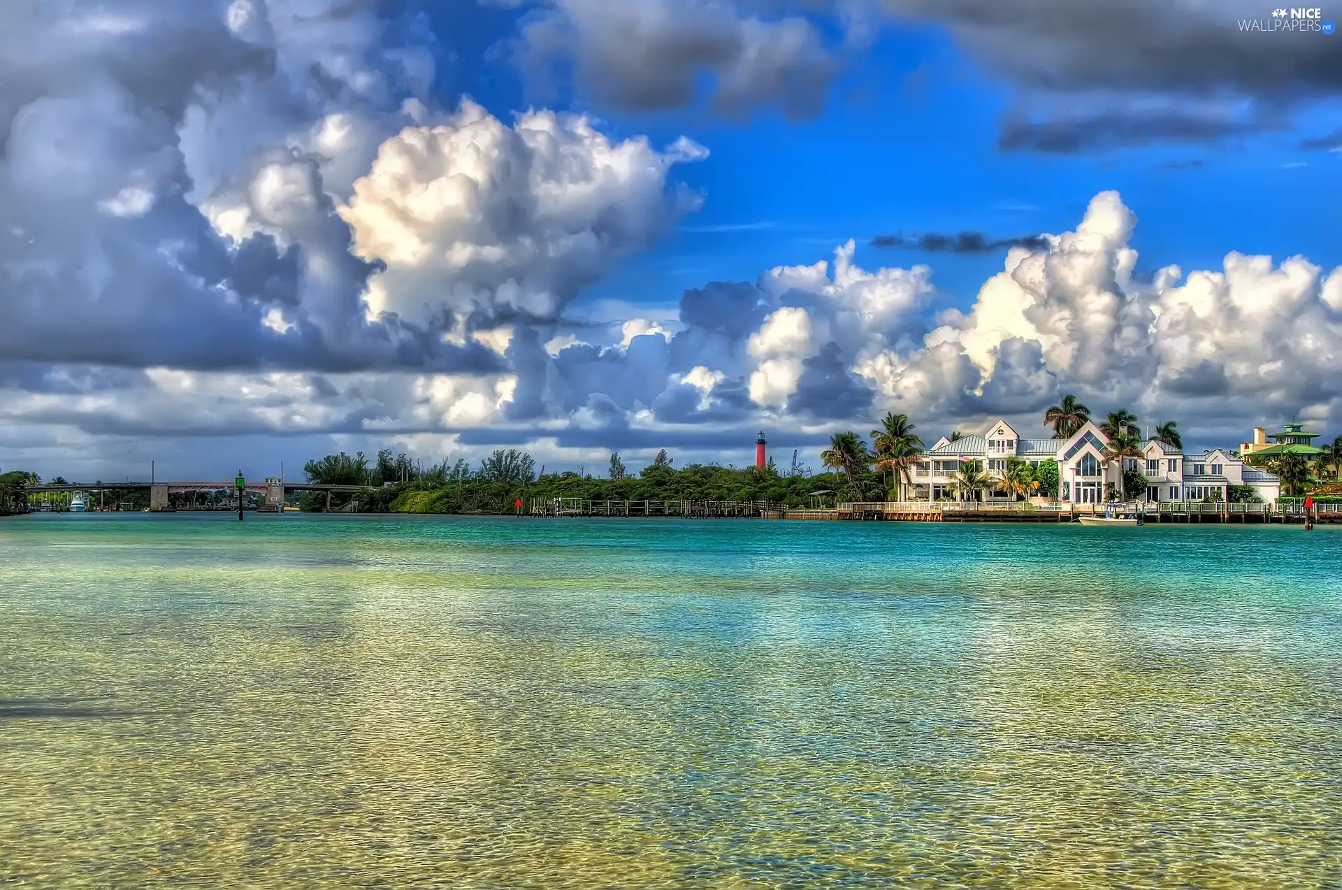 River, house, Floryda, clouds