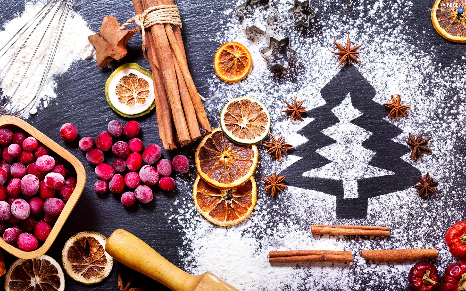 flour, christmas tree, slices, citrus, composition, Christmas, cinnamon, anise, cranberry