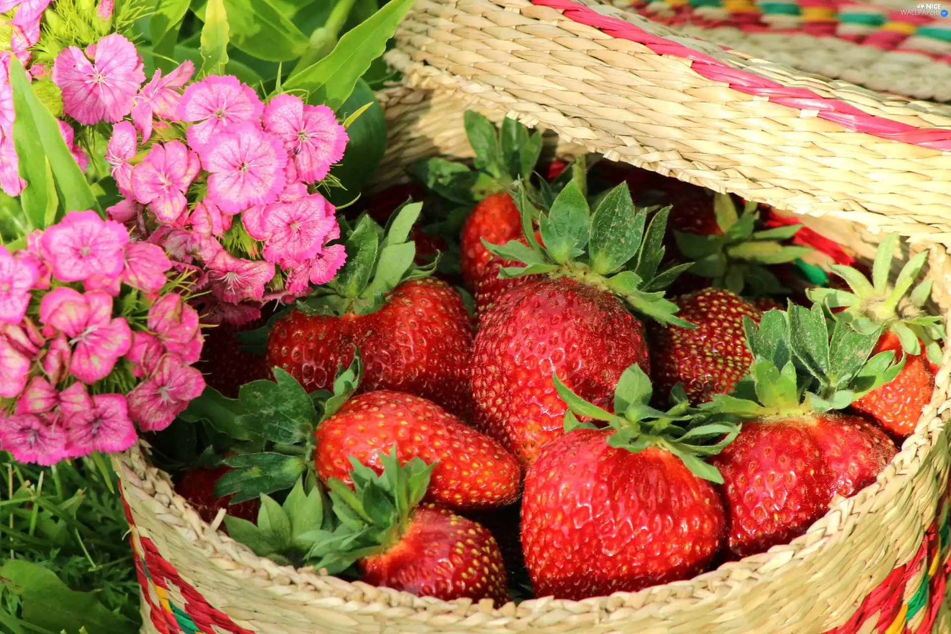 Flowers, strawberries, basket