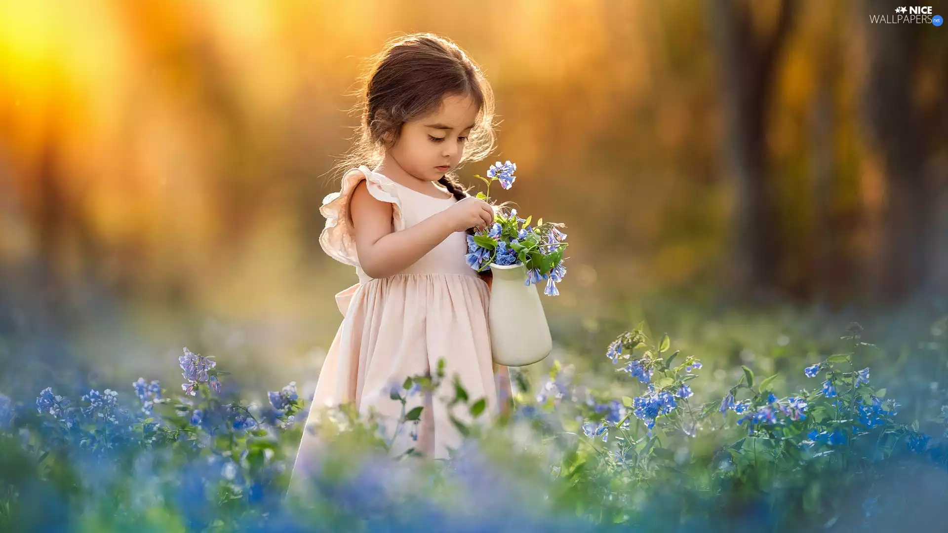 Flowers, girl, Blue