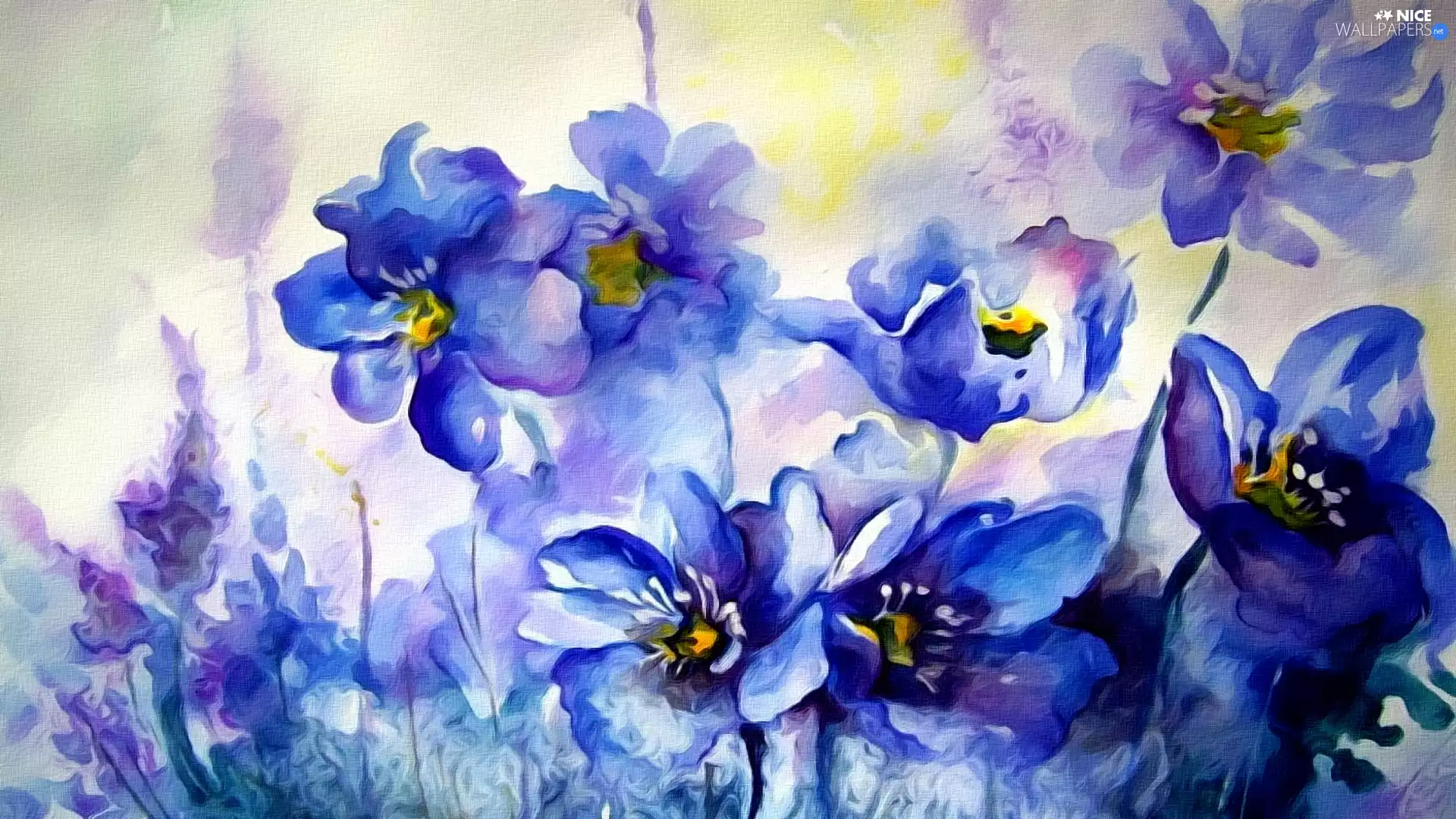 Blue, painting, watercolor, Flowers